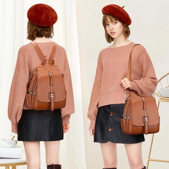 8271 Leather Backpack Purse Convertible Crossbody Shoulder Bag with Buckle